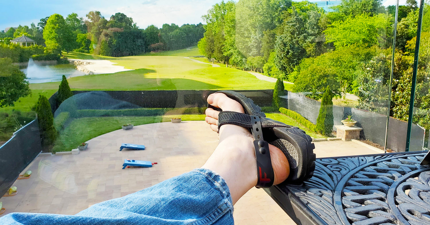 Chillin with my foot on a table over-looking a beautiful golf course. You could definitely play wearing Flip Flap.